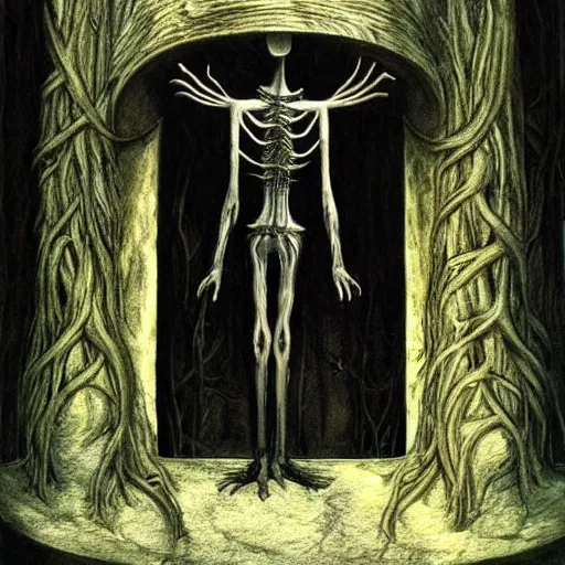 Image similar to slenderman, high detail, masterpiece, art by h. r. giger