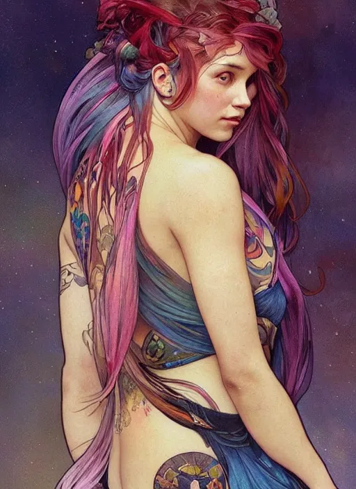 Prompt: a young woman with beautiful rainbow hair and lots of tattoos on her arms and chest. beautiful painting by artgerm and greg rutkowski and alphonse mucha