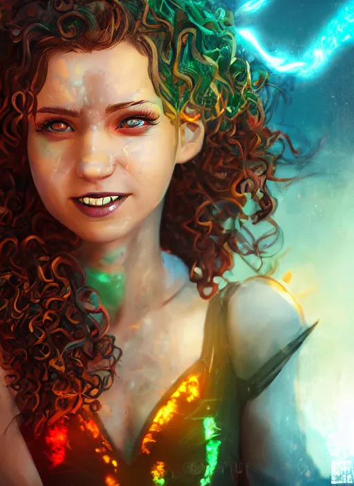 Image similar to an epic fantasy comic book style portrait painting of a girl wearing colorful makeup with a mischievous smile and curly brown hair stepping out of a doorway with light shining behind her, unreal 5, daz, hyperrealistic, octane render, cosplay, rpg portrait, dynamic lighting