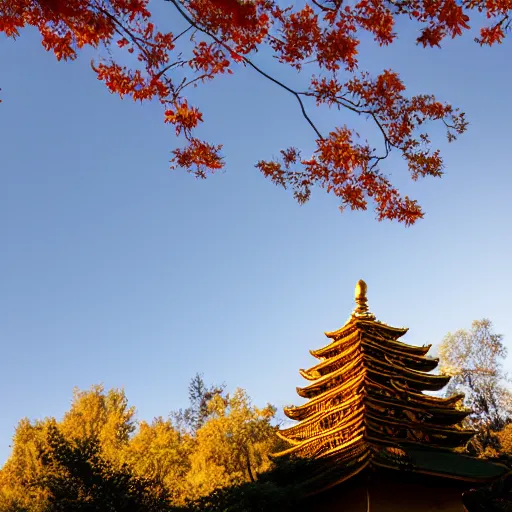 Prompt: pagoda made of gold and red paint beside a waterfall. forest scene. fluffy cloud skies. golden hour. peaceful