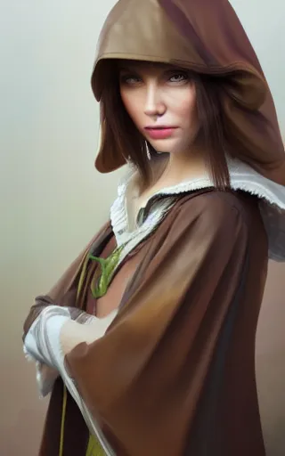 Image similar to a beautiful woman, high cheek bones, half smile, mischievous, bard, brown hair, messy hairstyle, short hair, cream colored peasant shirt, brown pants, leather boots, dark green cloak, round hood, elf ears, youthful, white background, proportionate, by Tony Sart, trending on artstation, realistic, highly detailed, masterpiece