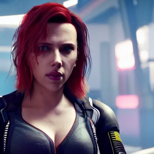 Image similar to injured scarlett johansson after a bad mission in Cyberpunk 2077. CP2077. 3840 x 2160