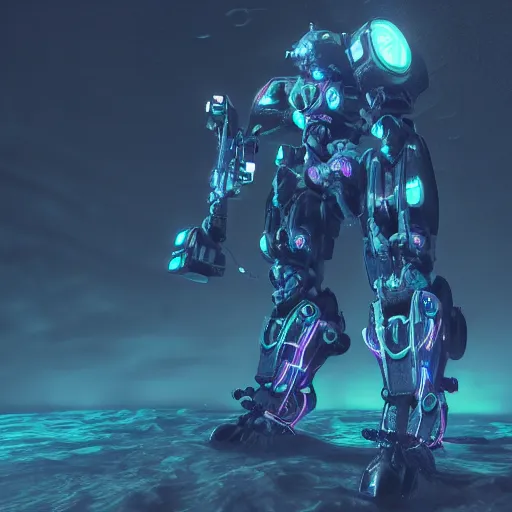 Prompt: cyberpunk mech - suit exploring the bottom of the ocean, 3 d render, unity, hdr, finely detailed, cinematic photograph, dark, glowing flashlight, epic, intense,