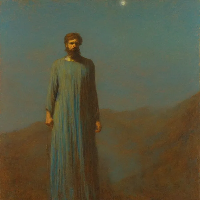 Image similar to thus spoke zarathustra, before dawn, oil painting, abbott handerson thayer, blue palette