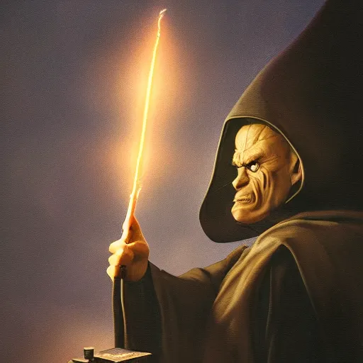 Image similar to a ominous illustration of a dark wizard casting a spell, alchemist lab, painting oil on canvas by moebius, octane render, trending on artstation, 8k,