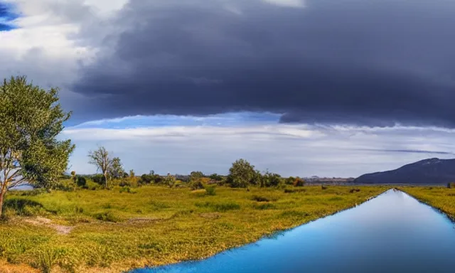 Image similar to panorama of big raindrops flying upwards into the perfect cloudless blue sky from a dried up river in a desolate land, dead trees, blue sky, hot and sunny highly-detailed, elegant, dramatic lighting, artstation, 4k, cinematic landscape, photograph by National Geographic