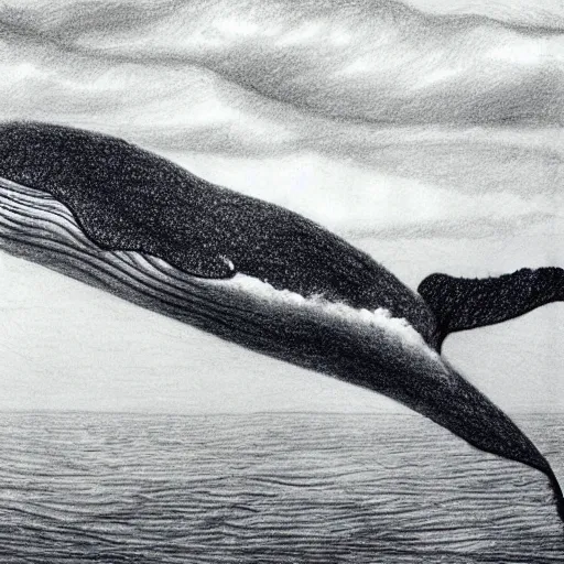 Image similar to a dark cloudy day, a whale swimming in the sky, pencil drawing, ultra realistic