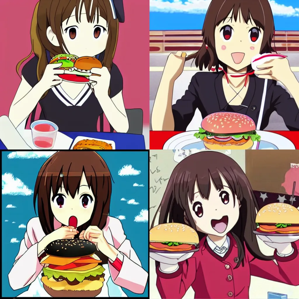 Prompt: Yui Hirasawa eating a burger, K-ON! anime art