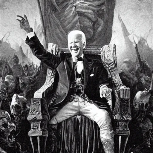 Prompt: Joe Biden sitting on his throne of skulls and smiling while waving, oil on canvas, 1883