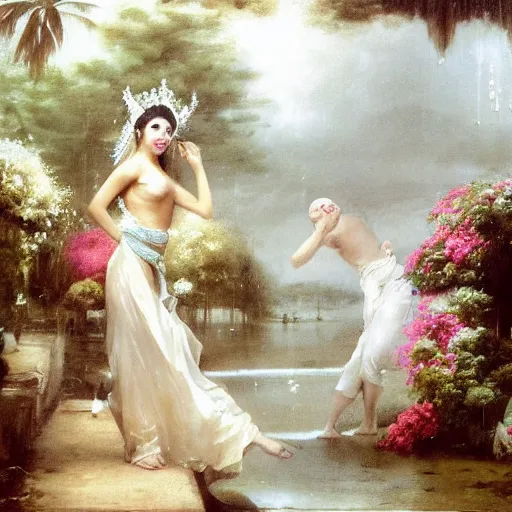 Image similar to monsoon on tropical island, oriental goddess in white, elegant, frontal, ornate, beautiful, atmosphere, vibe, mist, coconuts, rain, wet, pristine, puddles, melting, dripping, snow, creek, lush, ice, bridge, forest, roses, flowers, by stanley artgerm lau, greg rutkowski, francisco de goya