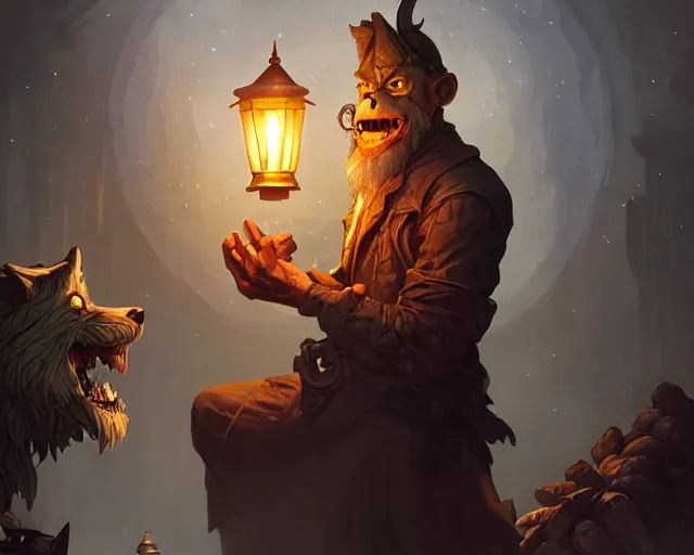 Image similar to oldman with a lantern at night time, werewolf behind him, deep focus, d & d, fantasy, intricate, elegant, highly detailed, digital painting, artstation, concept art, matte, sharp focus, illustration, hearthstone, art by artgerm and greg rutkowski and alphonse mucha