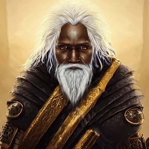 Prompt: black african elder old grizzled odin god with white hair with a godly fade and weathered golden armor, epic fantasy art portrait closeup realistic artstation illustration concept art 3 d photograph classical painting