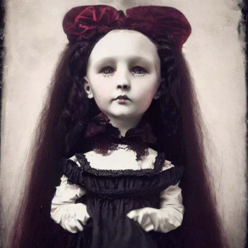 Prompt: head and shoulders portrait of a victorian gothic doll-like girl making an ASMR video on YouTube, color Graflex photograph by Mark Ryden