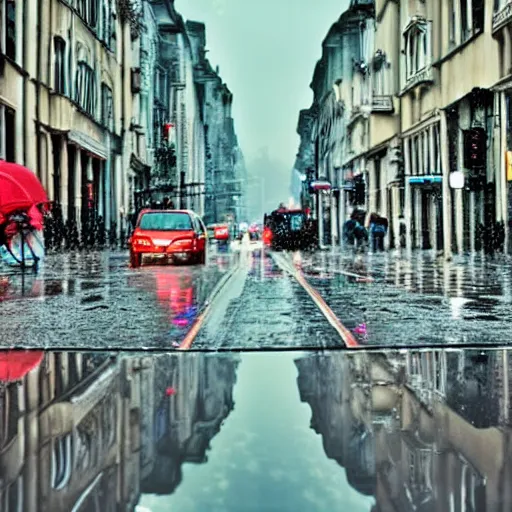 Image similar to a beautiful city in rainy day, reflection on the roads, lots of light, cars, people with umbrella, cinematic