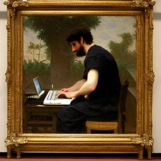 Image similar to an oil painting of an man playing a laptop, view from back, by Bouguereau, highly detailed and intricate,