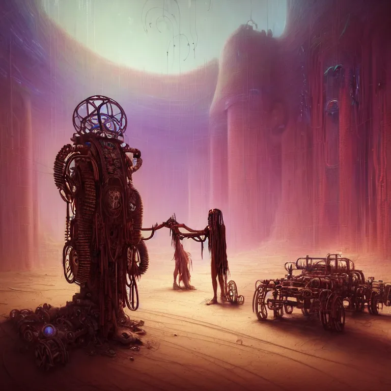 Image similar to A techno-magical male-shaman in shamanistic robes performs a ritual to resurrect a mechanical horse in a huge steel ancient ruins covered of dunes of sand. Art by Finnian MacManus, Simon Stalenhag. Masterpiece, fantasy art, cinematic, hyperdetailed, sigils, photorealistic, cyberpunk, postapocalyptic, steampunk, hyperrealism, octane render, 8k