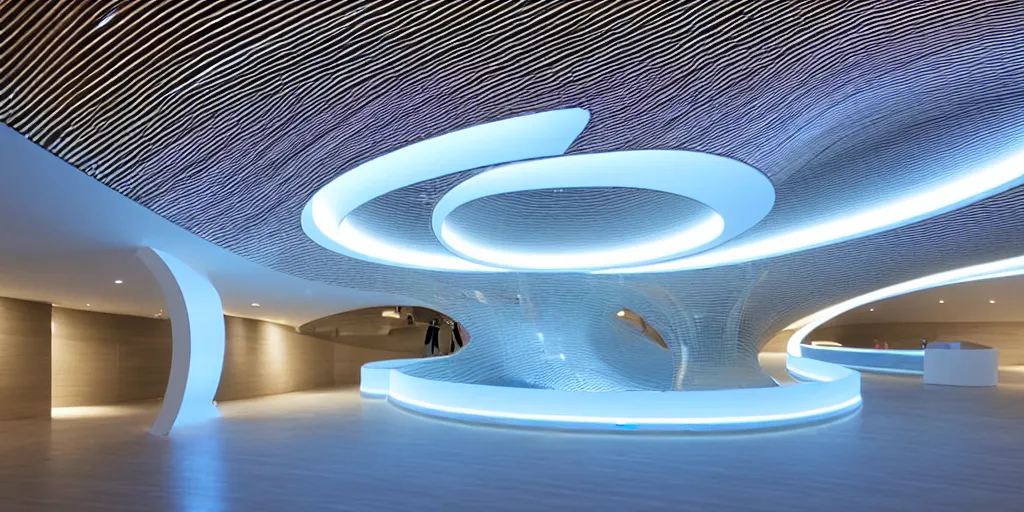 Image similar to extremely detailed stunning curvilinear museum interior with water centered sculpture piece and led strips