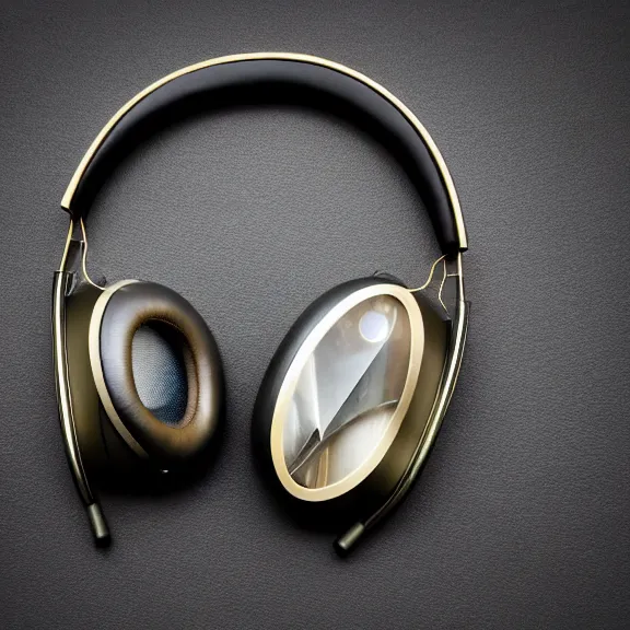 Image similar to masterpiece photo vignetted beautiful hand crafted artistic hyperrealistic clear headphones, flat metal hinges, bismuth metal, electronics see through, plush leather pad, modernist headphones, bismuth beautiful well designed, hyperrealistic, audiophile, intricate hyper detail, extreme high quality, photographic, audeze, sennheiser, raal, bang olufsen, abyssal