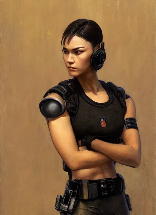 Image similar to Nikki tanaka. beautiful cyberpunk female USN marine wearing a military vest and activewear. (Cyberpunk 2077, bladerunner 2049). gorgeous face. Iranian orientalist portrait by john william waterhouse and Edwin Longsden Long and Theodore Ralli and Nasreddine Dinet, oil on canvas. Cinematic, hyper realism, realistic proportions, dramatic lighting, high detail 4k