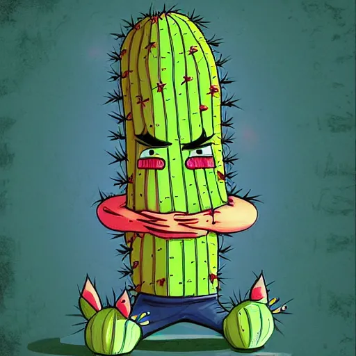 Prompt: angry cactus man by worthikids, digital art, style of worthikids, vibrant colors, beautiful lighting