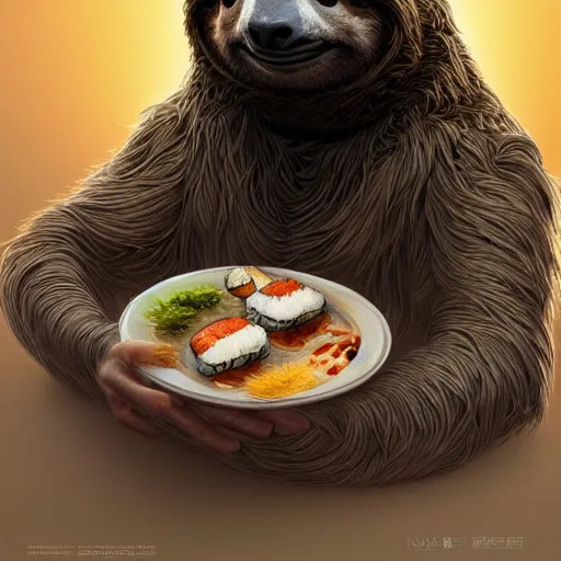 Image similar to detailed science - fiction character portrait of a sloth eating sushi, intricate, wild, highly detailed, digital painting, artstation, concept art, smooth, sharp focus, illustration, art by artgerm and greg rutkowski and alphonse mucha