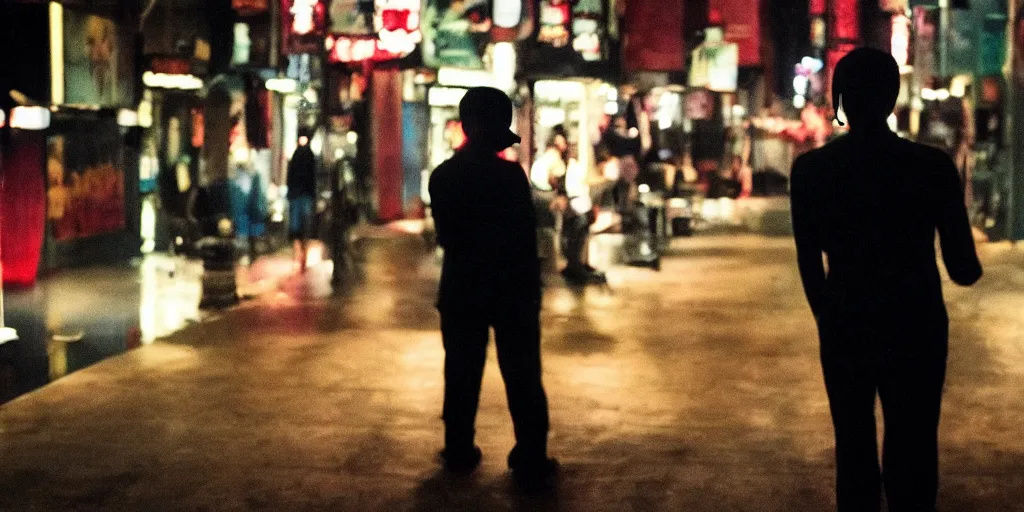 Image similar to style of wong kar - wai, background blur, a view of a killer's back figure viewed from behind, with mask, nighttime, cinematic, movie scene, high details, vivid