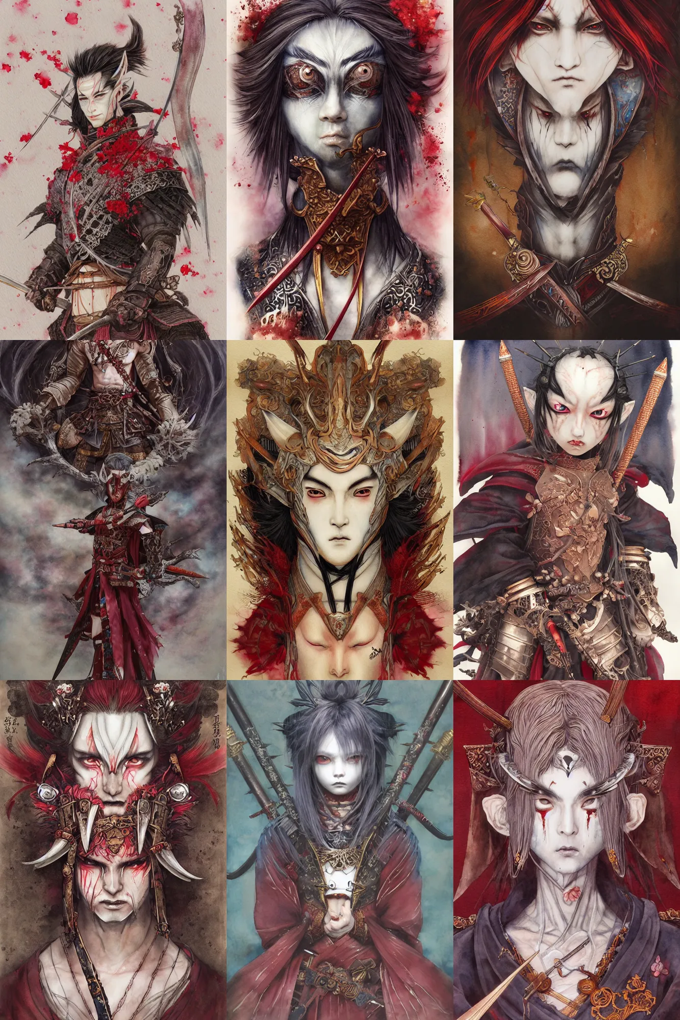 Prompt: watercolor painting of a soft boy japanese bjd samurai warrior vampire magus in the style of dark - fantasy painted by yoshitaka amano, tom bagshaw, ayami kojima, dmt art, symmetrical vogue face portrait, intricate detail, artstation, cgsociety, artgerm, rococo, sakura flowers, red, bronze