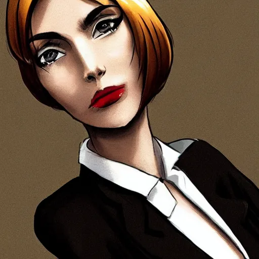 Prompt: woman in black business suit, light brown neat hair, pixiv, fanbox, trending on artstation, portrait, digital art, modern, sleek, highly detailed, formal, serious, determined, lawyer, colorized, smooth, charming, pretty, safe for work