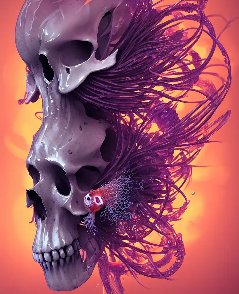 Image similar to goddess close-up portrait animal skull. jellyfish phoenix head, nautilus, orchid, skull, betta fish, bioluminiscent creatures, intricate artwork by Tooth Wu and wlop and beeple. octane render, trending on artstation, greg rutkowski very coherent symmetrical artwork. cinematic, hyper realism, high detail, octane render, 8k