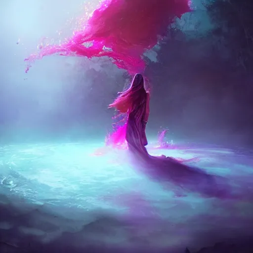 Prompt: !dream A Witch emerges from a pool of swirling purple and red magical liquid by Greg Rutkowski, 4k photorealistic, volumetric lighting, HD, high details, dramatic, trending on artstation