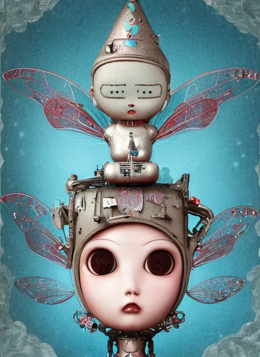 Image similar to closeup profile portrait of tin toy robot fairy, depth of field, zeiss lens, detailed, symmetrical, centered, fashion photoshoot, by nicoletta ceccoli, mark ryden, lostfish, breathtaking, 8 k resolution, extremely detailed, beautiful, establishing shot, artistic, hyperrealistic, octane render