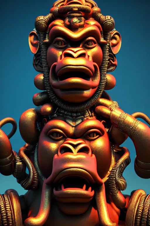 Image similar to high quality 3 d render post - rococo cyberpunk hanuman! head building, neon madhubani, open mouth, highly detailed, in sci - fi new delhi, cinematic smooth unreal engine, lee madgwick & liam wong, dramatic light, low angle, uhd 8 k, sharp focus