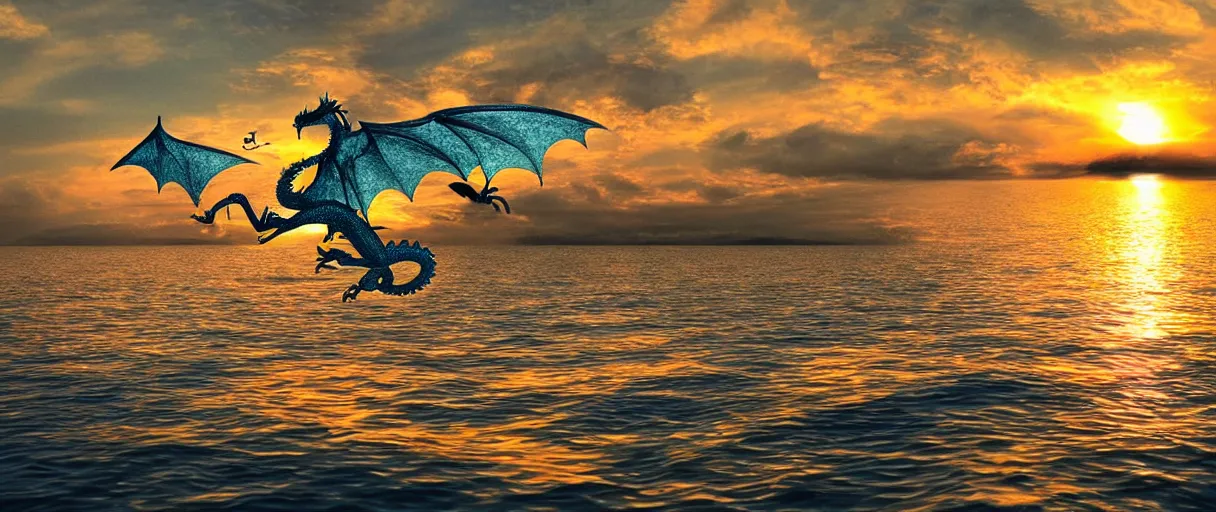 Prompt: dragon flying over a lake, silver scales, sunset, colorfull