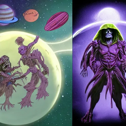 Image similar to skeletor and the dark crystal in space, 3 d, concept art