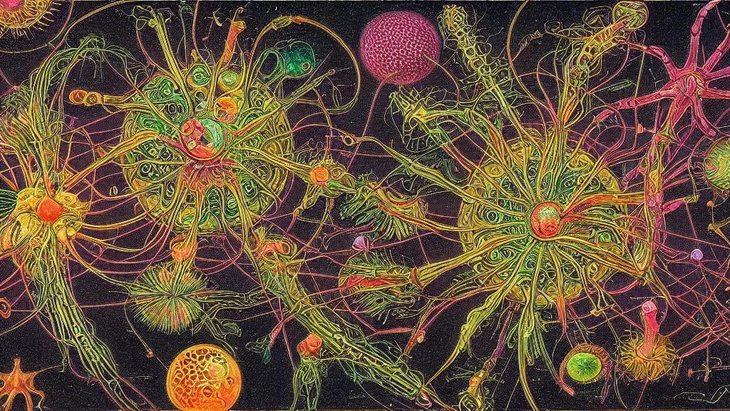 Image similar to quantum connections represented as symbiotic organisms like cells playing around with colorful lights by ernst haeckel