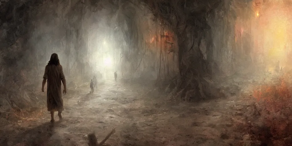 Prompt: Jesus Christ, walking through hell, a fantasy digital Painting, by Richard Schmid