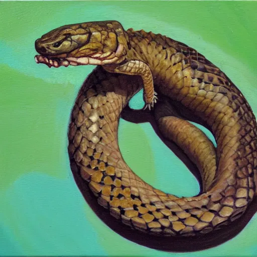 Prompt: a rattlesnake devours a world turned upside down, oil painting