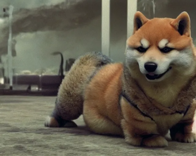 Image similar to godzilla as a shiba inu in a godzilla still film