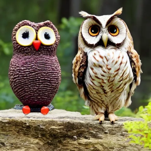 Prompt: a raisin - sized owl and an owl - sized raisin