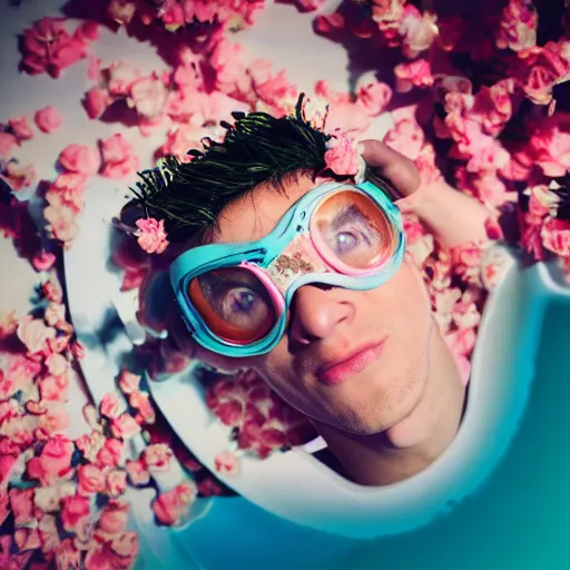 Image similar to close up kodak portra 4 0 0 portrait photograph of a skinny guy with blonde hair laying in a tub of milk, aerial view, wearing cyber goggles, flower crown, moody lighting, telephoto, 9 0 s vibe, blurry background, vaporwave colors, faded!,