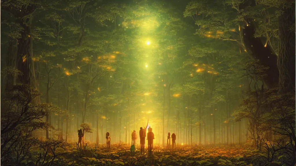 Image similar to highly detailed illustration of an old giant forest with fireflies at night by makoto shinkai, by oliver vernon, by joseph moncada, by damon soule, by manabu ikeda, by kyle hotz, by dan mumford, by otomo, 4 k resolution