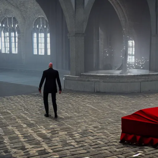 Image similar to agent 4 7 crashing his own funeral, hitman, unreal engine 5, 4 k, anti aliasing