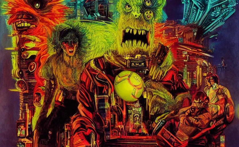 Prompt: a tennis ball monsters in blade runner, colorful, digital art, fantasy, magic, chalk, trending on artstation, ultra detailed, professional illustration by basil gogos