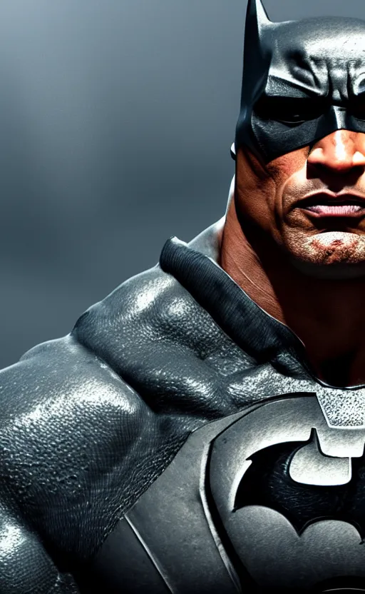 Prompt: dwayne johnson as batman dreamlike with jewelry, character art, hyperdetailed, 8 k realistic, frostbite 3 engine, cryengine, dof, trending on artstation, digital art