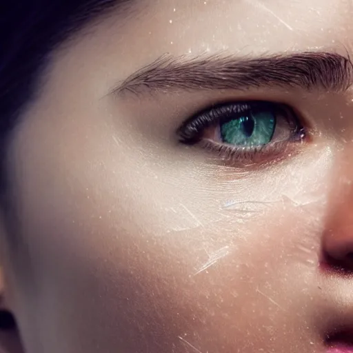 Image similar to an amazing photo, extreme close-up of the face of a young woman exercising, award winning photo, very detailed, cinematic, beautiful lighting effects