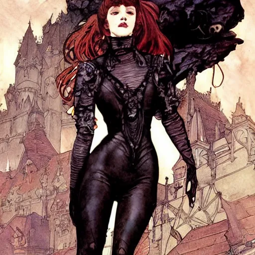 Image similar to a beautiful painting of mary jane watson dressed as a goth teenager, leather armored, dark eyeliner, intricate, elegant, highly detailed, digital painting, artstation, concept art, matte, sharp focus, illustration, art byby rebecca guay and by arthur rackham and by alphonse mucha and by john william waterhouse, comic book style!!