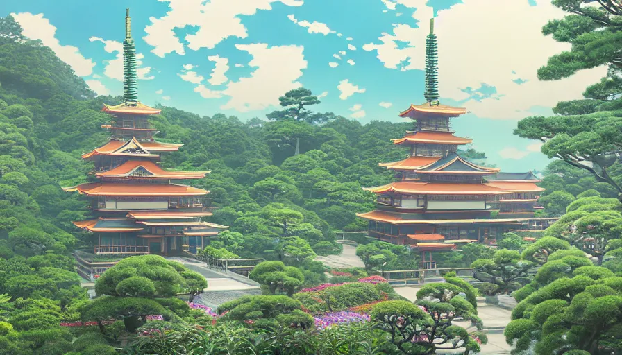 Prompt: misty clouds, japanese buddhist temple with lush plants and secret doors, wes anderson style hotel temple, magic chairlifts. hyper detailed, architectural concept, full building, dynamic angle, intricate, lineart, cerpuscular rays, lily flowers. by yoshitaka amano, alfons mucha and makoto shinkai. 8 k