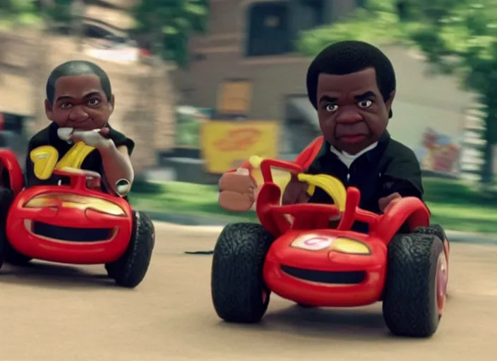 Image similar to peter dinklage racing gary coleman driving a little tikes cars, movie still, from the new fast and furious movie, 8 k, realistic