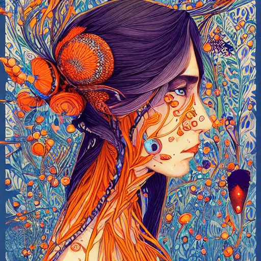 Image similar to the head of an incredibly beautiful and elegant young woman partially made of carrots and blueberries, an ultrafine detailed illustration by james jean, final fantasy, intricate linework, bright colors, behance contest winner, vanitas, angular, altermodern, unreal engine 5 highly rendered, global illumination, radiant light, detailed and intricate environment