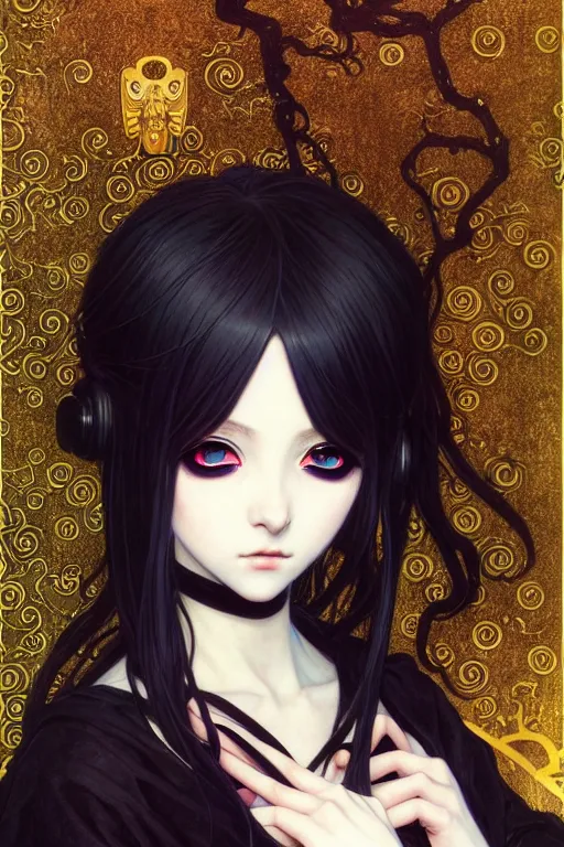 Image similar to portrait of beautiful young gothic anime maiden, cute-fine-face, pretty face, realistic shaded Perfect face, fine details. Anime, cyberpunk, Warhammer, highly detailed, artstation, illustration, art by Ilya Kuvshinov and Gustav Klimt and Gustav Klimt and Gustav Klimt and Gustav Klimt